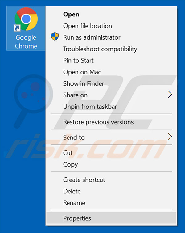 Removing searchingresult.com from Google Chrome shortcut target step 1