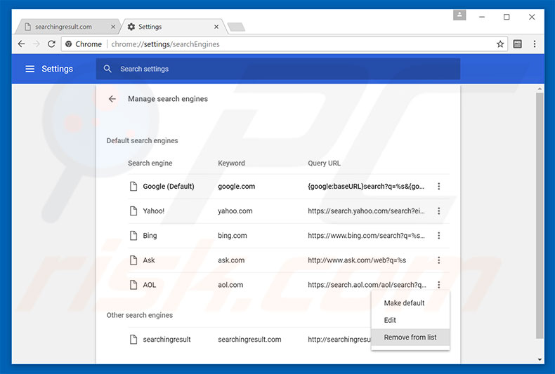 Removing searchingresult.com from Google Chrome default search engine
