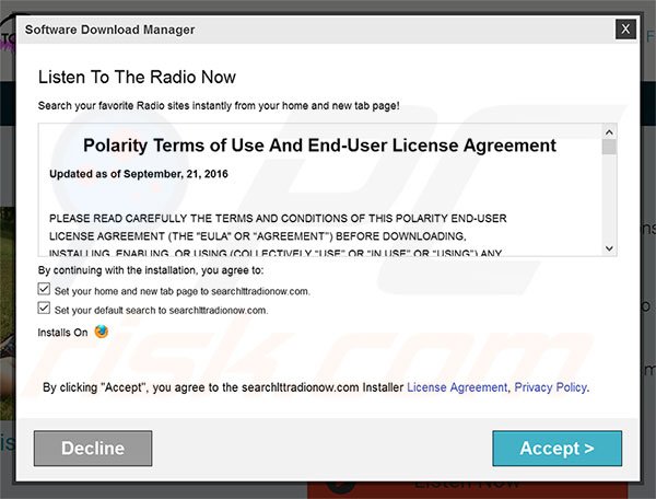 Official Listen To The Radio Now browser hijacker installation setup