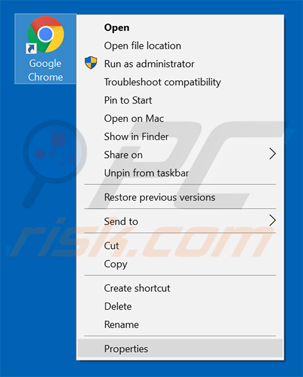 Removing searchtnup.com from Google Chrome shortcut target step 1