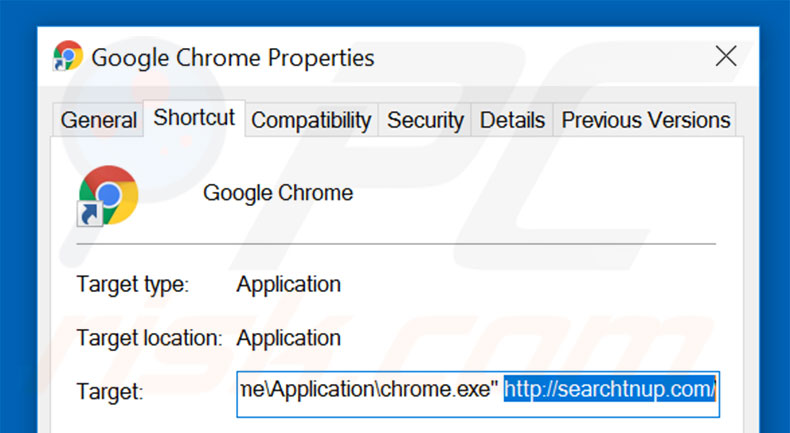 Removing searchtnup.com from Google Chrome shortcut target step 2