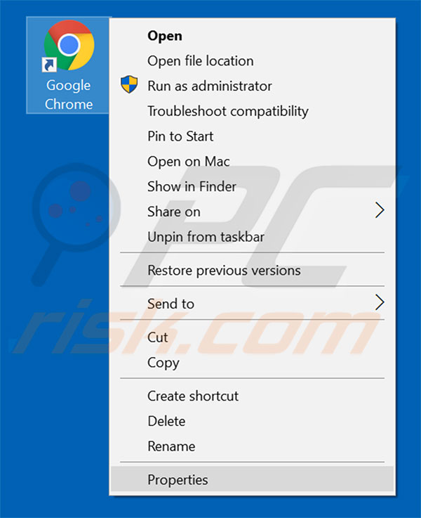 Removing searchutorrm.com from Google Chrome shortcut target step 1