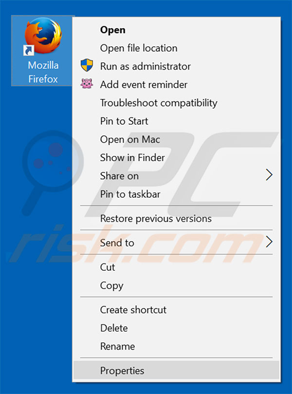 Removing softsearches.com from Mozilla Firefox shortcut target step 1