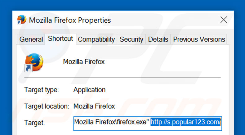 Removing s.popular123.com from Mozilla Firefox shortcut target step 2