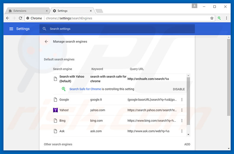 Removing srchsafe.com from Google Chrome default search engine