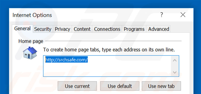 Removing srchsafe.com from Internet Explorer homepage