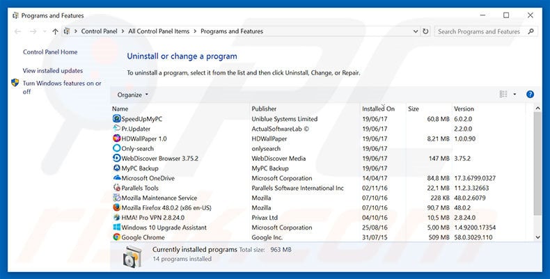 search.ssoextension.com browser hijacker uninstall via Control Panel
