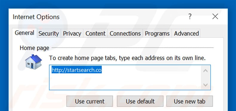 Removing startsearch.co from Internet Explorer homepage