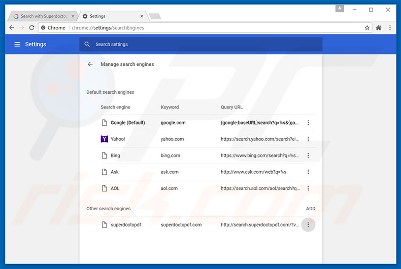 Removing search.superdoctopdf.com from Google Chrome default search engine