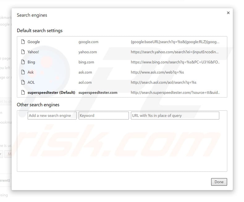 Removing search.superspeedtester.com from Google Chrome default search engine