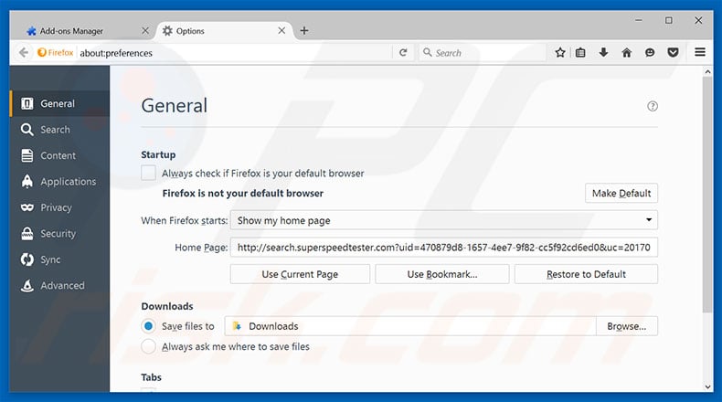 Removing search.superspeedtester.com from Mozilla Firefox homepage