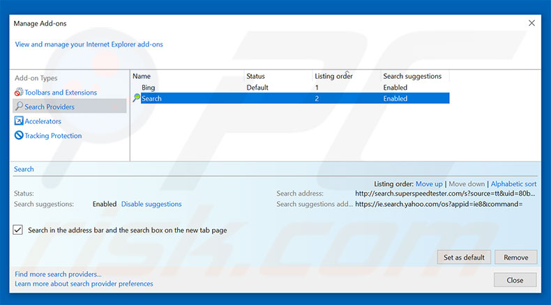 Removing search.superspeedtester.com from Internet Explorer default search engine