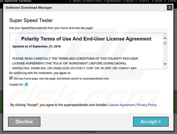 Official Super Speed Tester browser hijacker installation setup