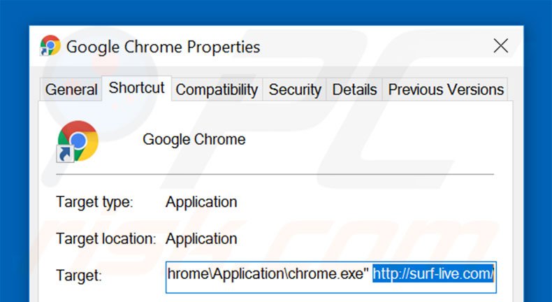 Removing surf-live.com from Google Chrome shortcut target step 2