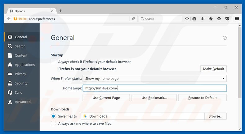 Removing surf-live.com from Mozilla Firefox homepage