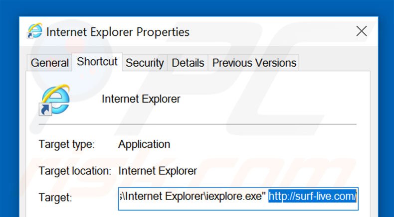 Removing surf-live.com from Internet Explorer shortcut target step 2