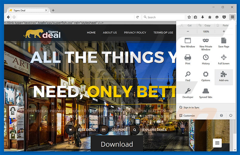 Removing Tigers Deals ads from Mozilla Firefox step 1