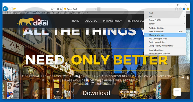 Removing Tigers Deals ads from Internet Explorer step 1