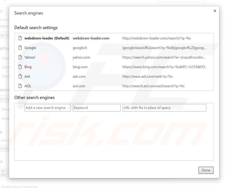Removing webdown-loader.com from Google Chrome default search engine