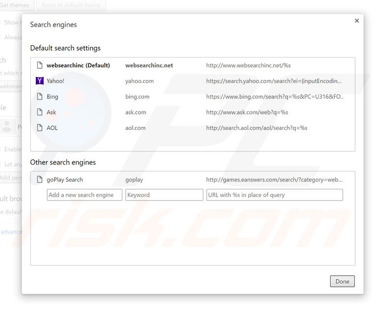 Removing websearchinc.net from Google Chrome default search engine