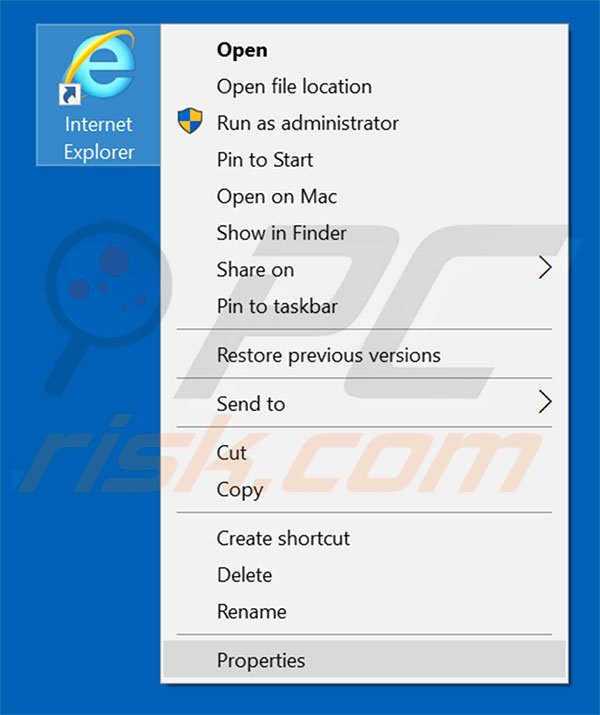 Removing websearchinc.net from Internet Explorer shortcut target step 1