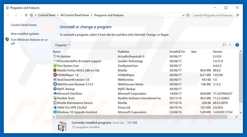 websearchinc.net browser hijacker uninstall via Control Panel