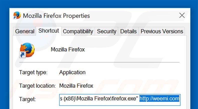 Removing weemi.com from Mozilla Firefox shortcut target step 2