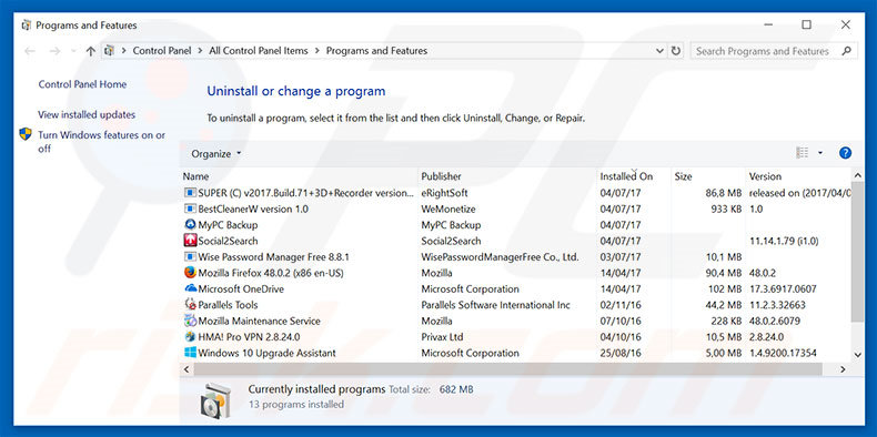 Windows Warning Alert adware uninstall via Control Panel