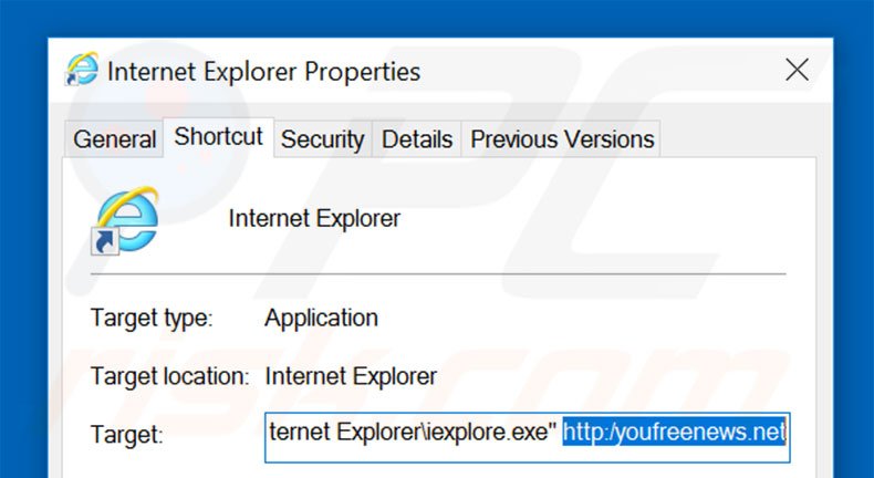 Removing youfreenews.net from Internet Explorer shortcut target step 2