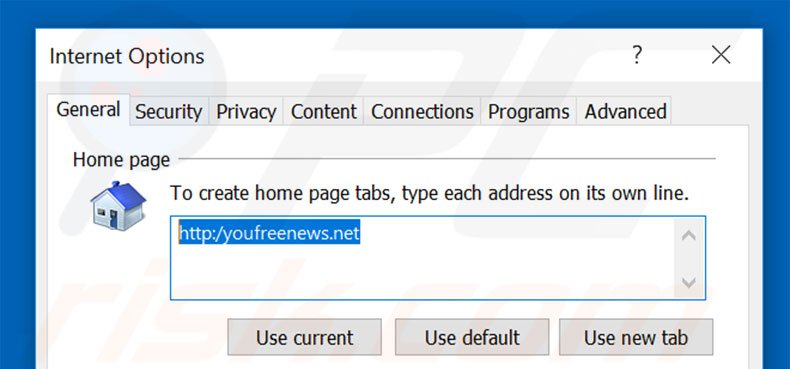 Removing youfreenews.net from Internet Explorer homepage