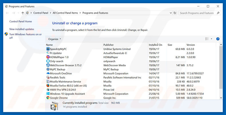Your Windows Is Infected adware uninstall via Control Panel