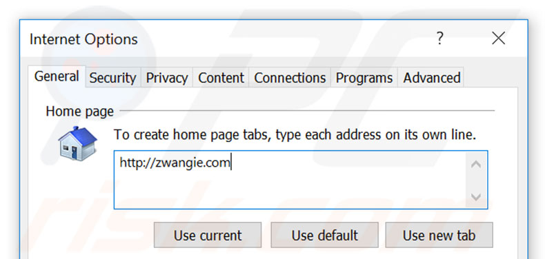Removing zwangie.com from Internet Explorer homepage