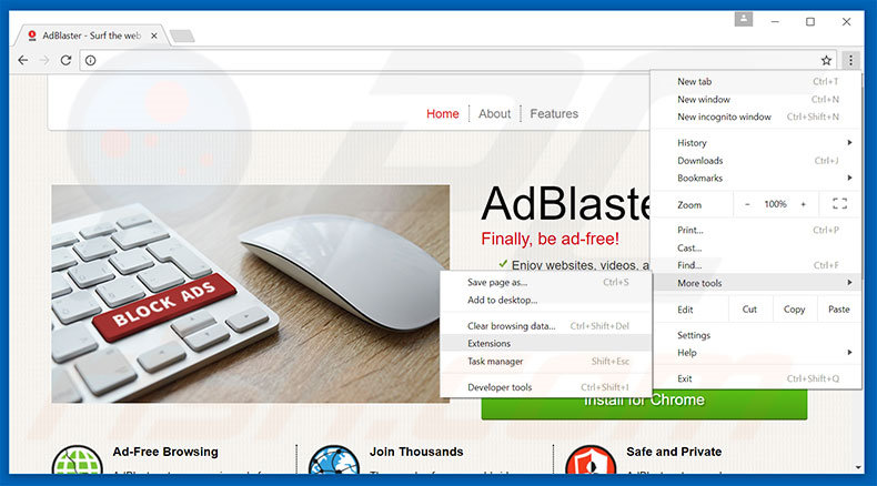 Removing AdBlaster  ads from Google Chrome step 1