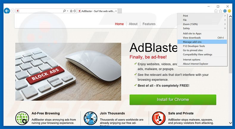 Removing AdBlaster ads from Internet Explorer step 1