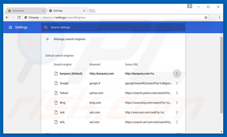 Removing barquery.com from Google Chrome default search engine