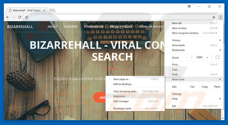 Removing Bizarrehall  ads from Google Chrome step 1