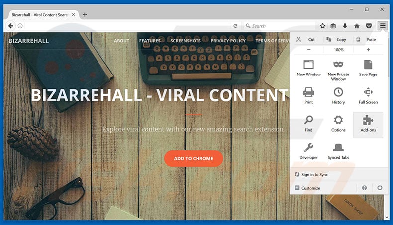 Removing Bizarrehall ads from Mozilla Firefox step 1