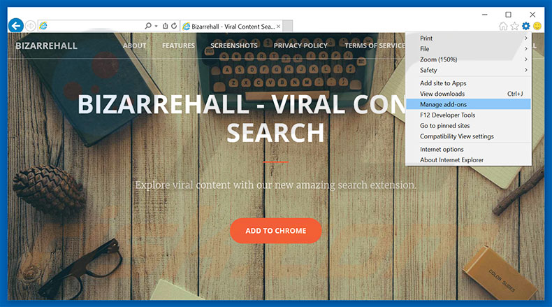 Removing Bizarrehall ads from Internet Explorer step 1