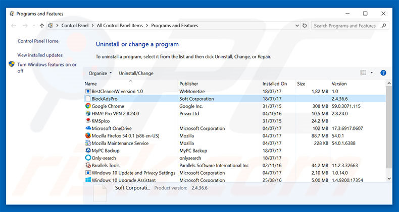 BlockAdsPro adware uninstall via Control Panel