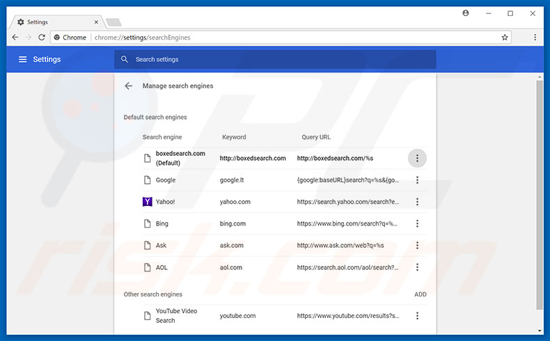 Removing boxedsearch.com from Google Chrome default search engine
