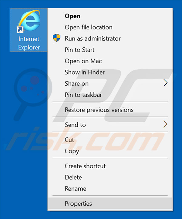 Removing boxedsearch.com from Internet Explorer shortcut target step 1