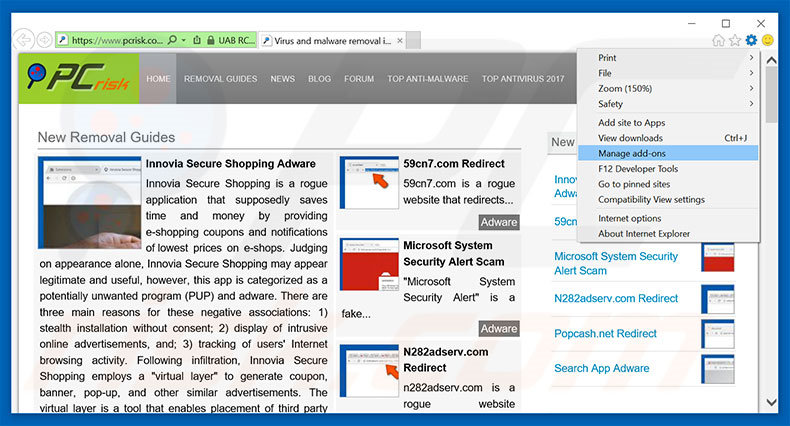 Removing Call Microsoft Technical Department ads from Internet Explorer step 1