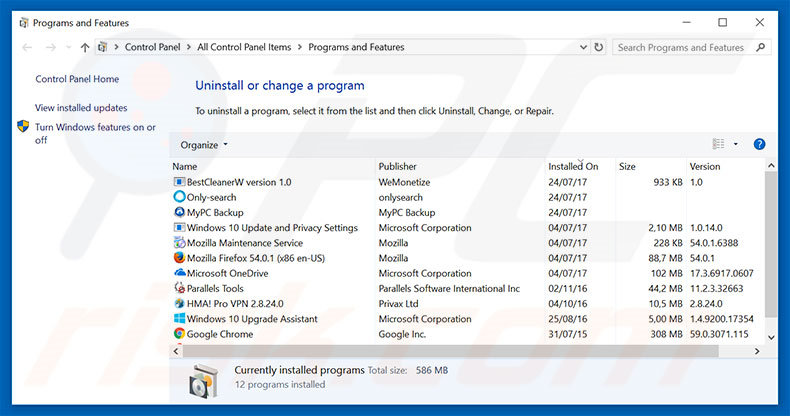 Call Microsoft Technical Department adware uninstall via Control Panel