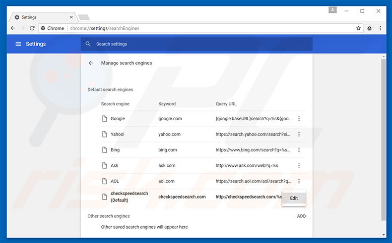 Removing checkspeedsearch.com from Google Chrome default search engine
