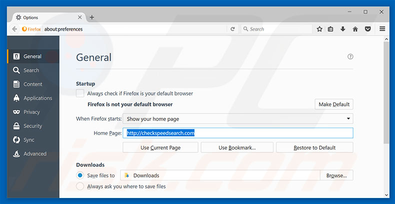 Removing checkspeedsearch.com from Mozilla Firefox homepage
