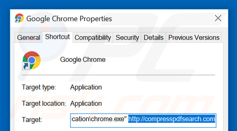 Removing compresspdfsearch.com from Google Chrome shortcut target step 2
