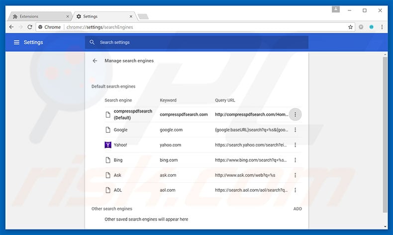 Removing compresspdfsearch.com from Google Chrome default search engine