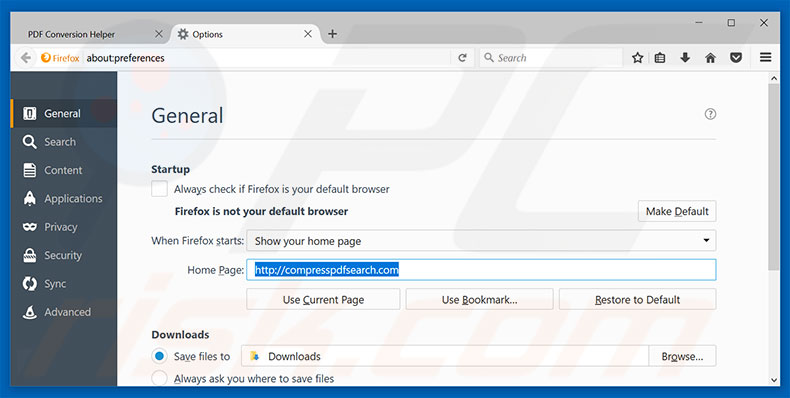 Removing compresspdfsearch.com from Mozilla Firefox homepage