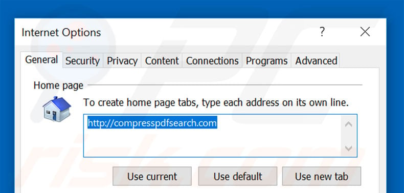 Removing compresspdfsearch.com from Internet Explorer homepage