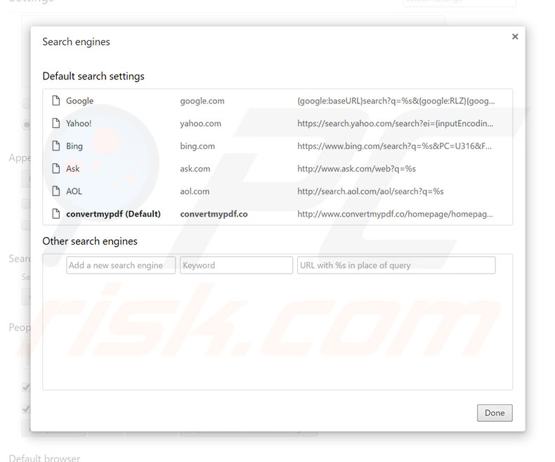 Removing covertmypdf.co from Google Chrome default search engine